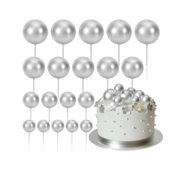 20pcs Set of Shiny Faux Balls Cake Toppers – Silver