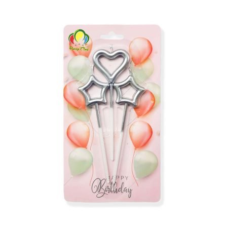 3-Pieces Heart and Star Birthday Candles Set, Cake Topper – Silver