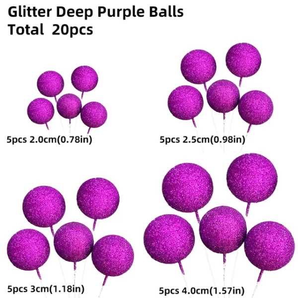 20pcs Set of Glitter Ball Cake Toppers - Purple