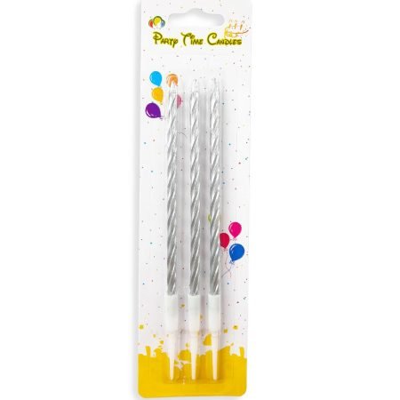 3-Pieces Long Spiral Shiny Birthday Candle – Silver