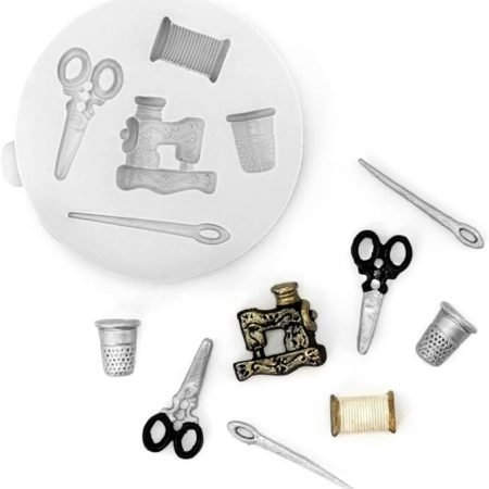 Miniature Sewing Set Needle, Sewing Machine, Bobbin, Thimble, Scissors 3D Shape Silicone Fondant Mould