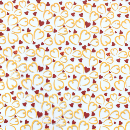 Chocolate Transfer Sheet A3 Red Minihearts and Yellow Colour Outline Heart Design